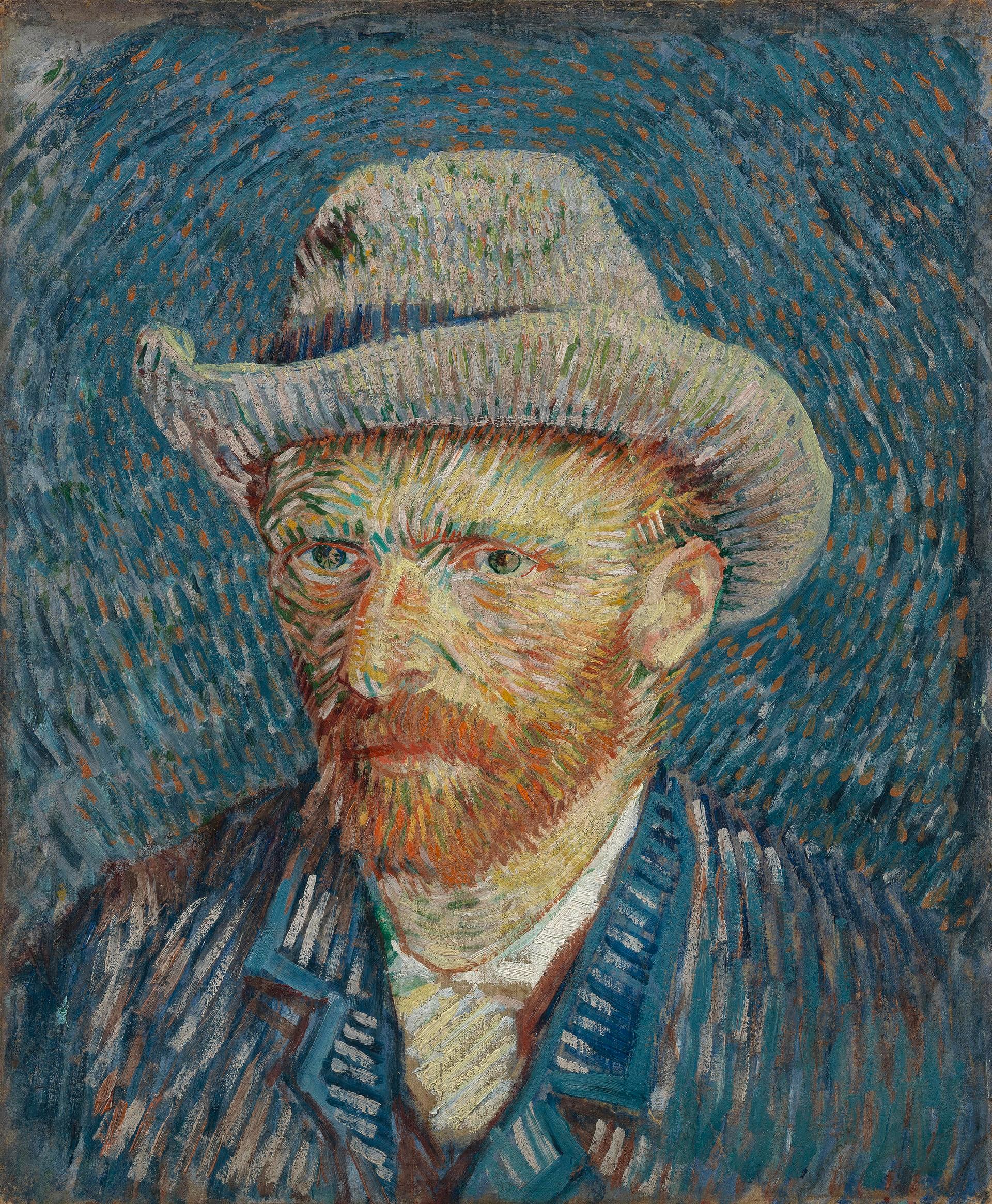 Van Gogh self-portrait, tense face in grey hat against swirling blue brushwork.