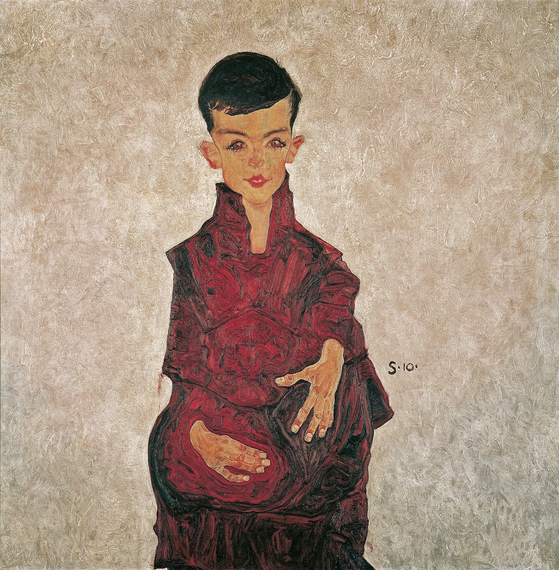 Boy in dark red robe seated, wide wary eyes, against pale grey ground